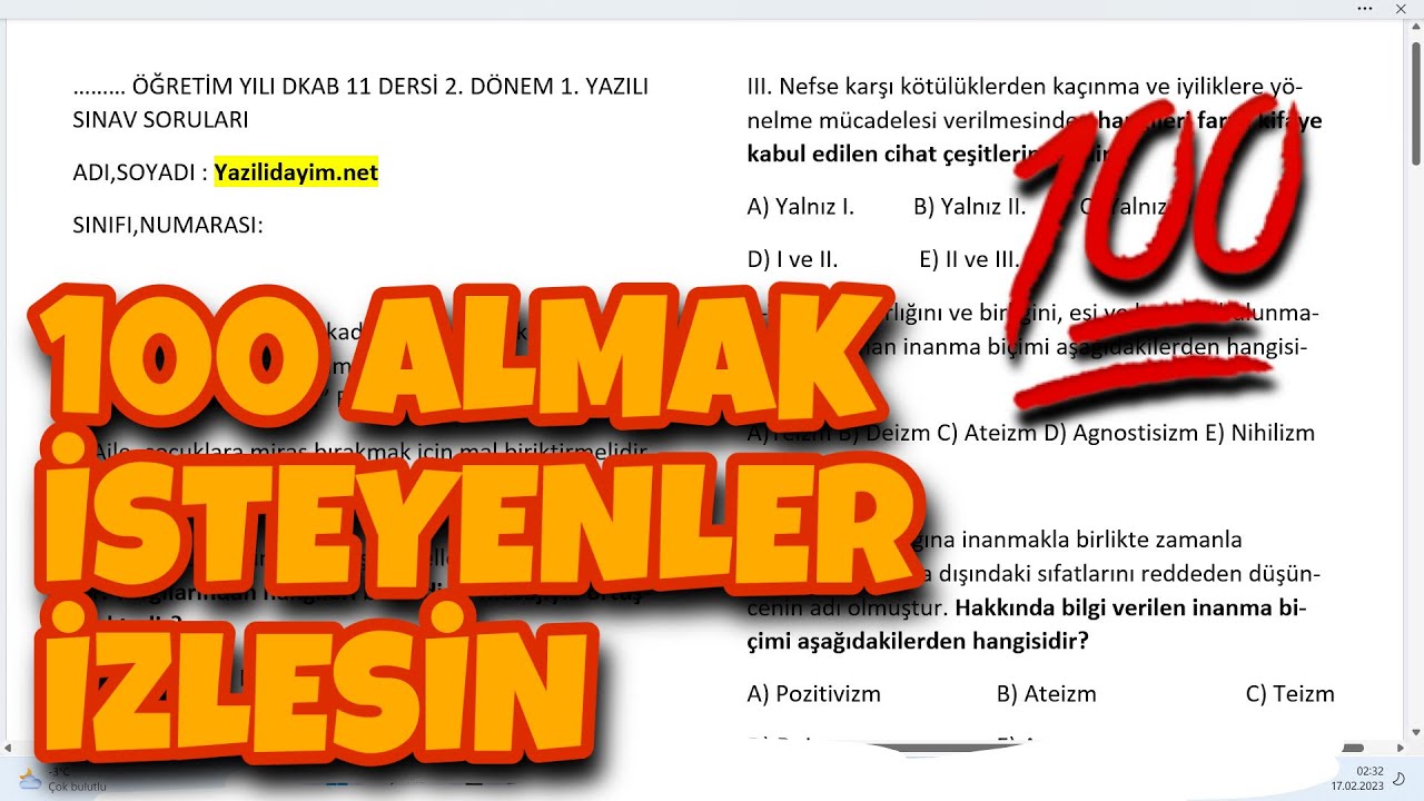 11.Sınıf Din Kültürü 2.Dönem 1.Yazılı