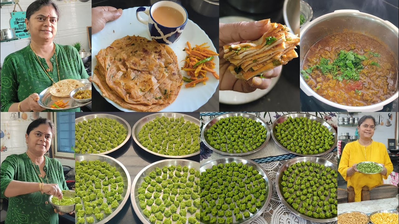 tried & tested +Breakfast🍱 masala parat paratha🌺 hare matar vadi ki sabji🌺 moong matar ki mungodi