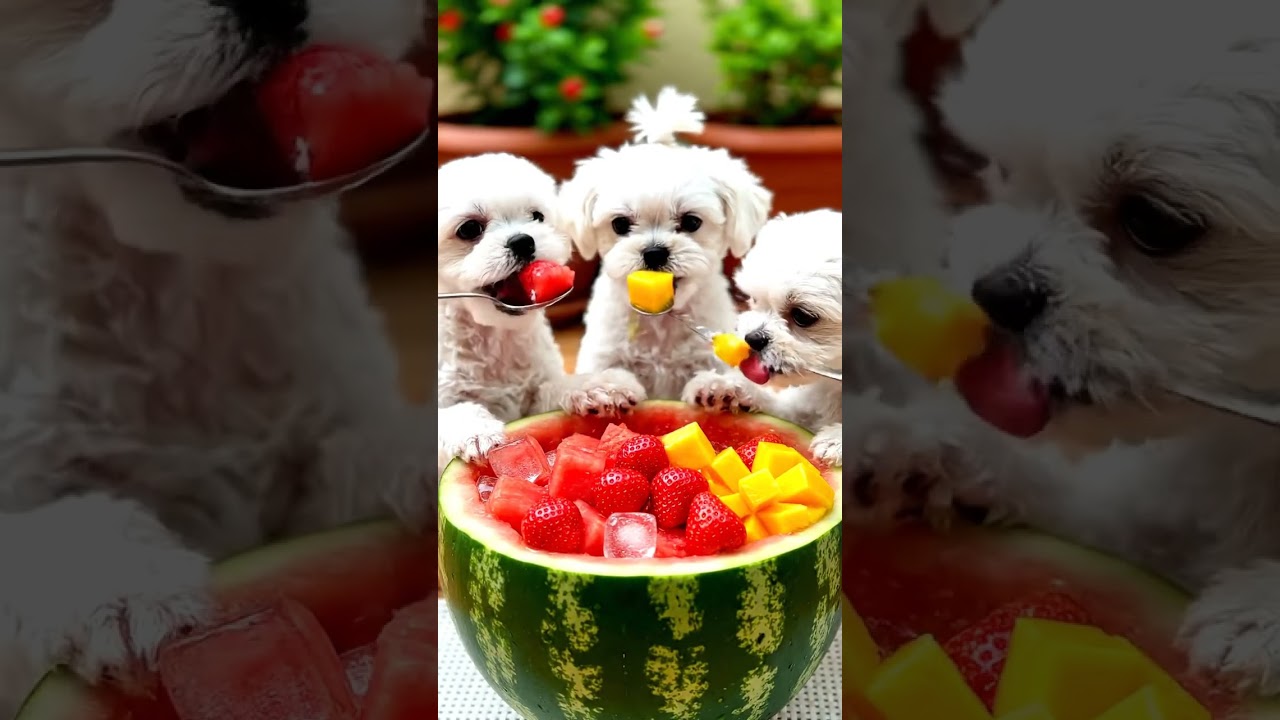 Adorable Little Puppy 🐶 dogs Maltese eating watermelon 🍉 on picnic ￼￼