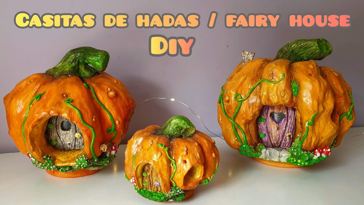 💕DIY/CASA DE HADAS CALABAZA MINIATURA💕 con luz‼️ con un tarro de cristal 💕