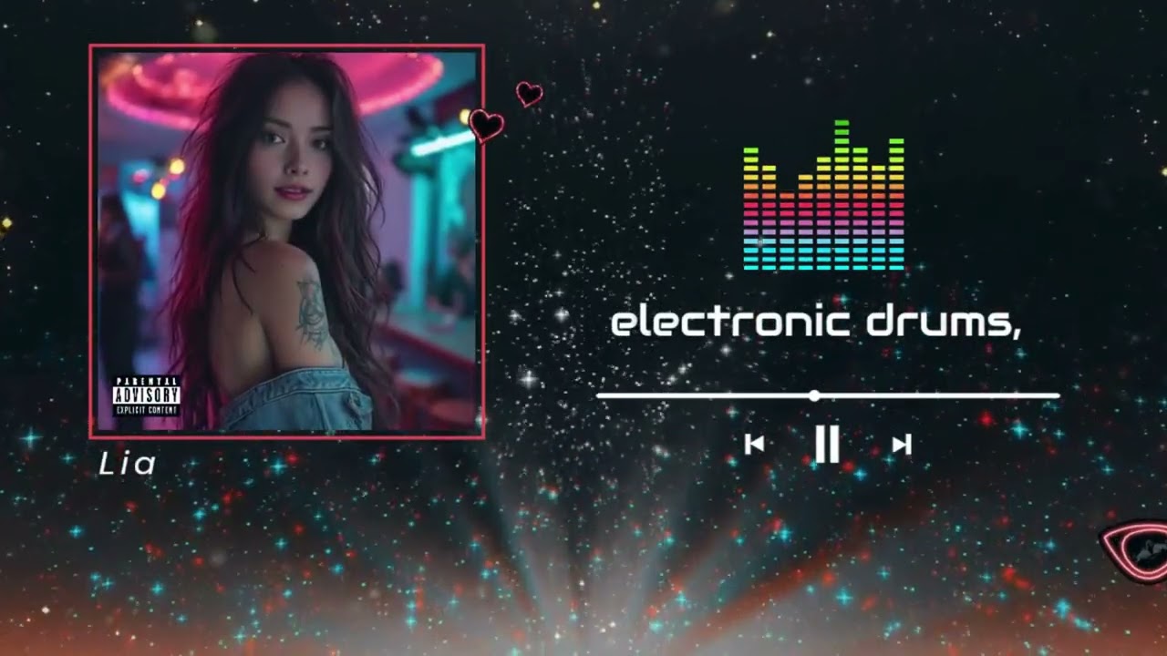 High-energy dance music with electronic four-beat drums, pulsating synthetic bass,