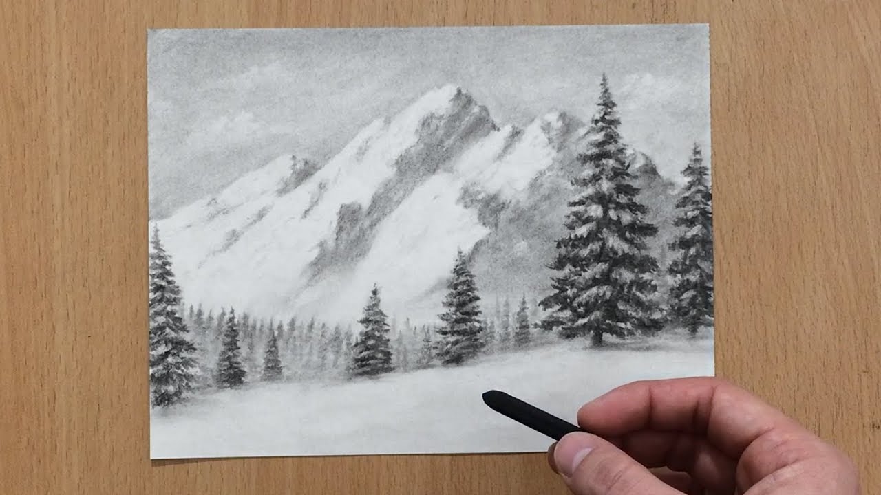 Зимний пейзаж, рисунок углем