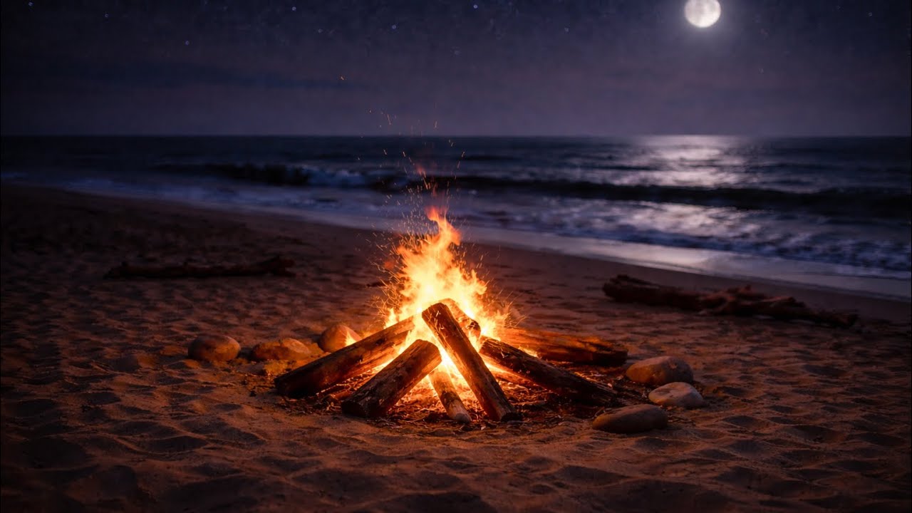 Cozy Beach Bonfire & Ocean Waves 🌊🔥 | Relaxing Night Sounds for Sleep, Study & Stress Relief