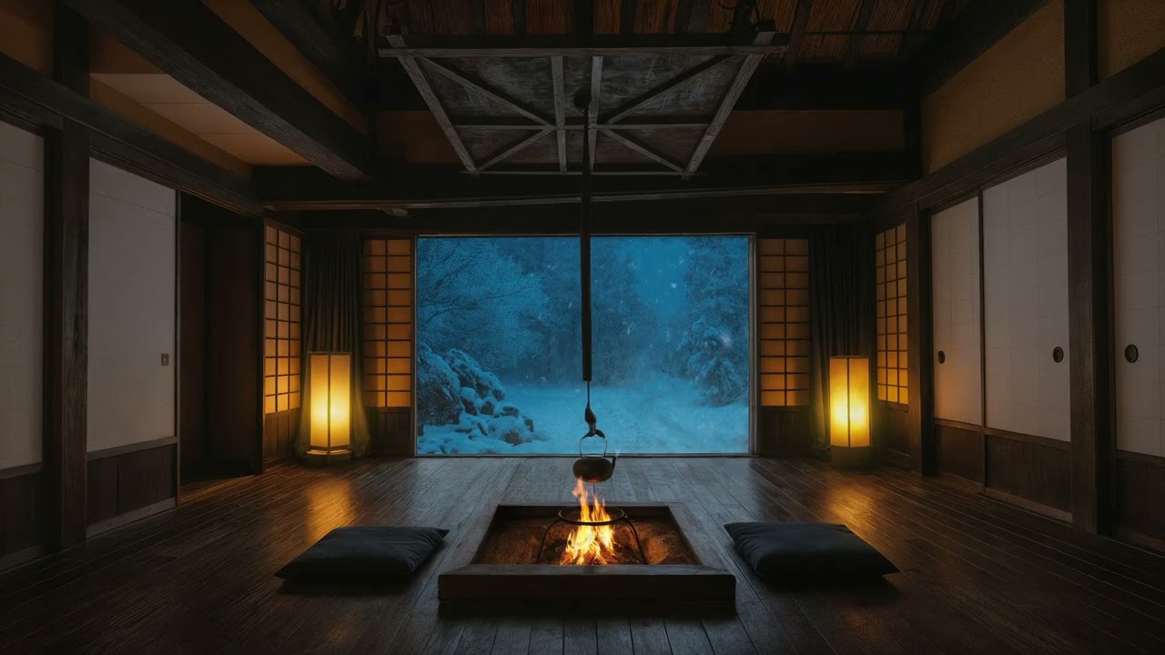 Cozy Japanese Winter Cabin with Fireplace Sounds– Relaxing Ambience for Sleep, Focus & Stress Relief