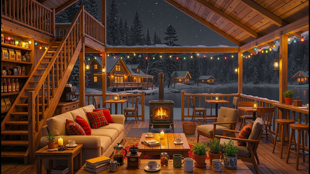 Peaceful Winter Night at a Lakeside Coffee Shop ⛄ Gentle Jazz & Falling Snow for Focus