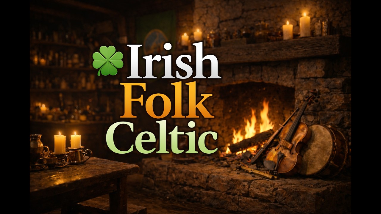 🍀 Irish Folk Celtic Night Ambience | Cozy Celtic TavernFireplace Sounds