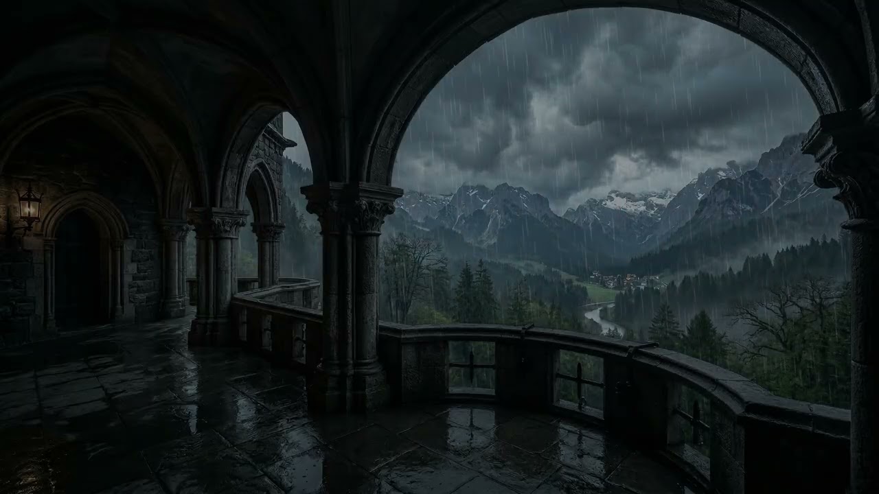 Dark Rain 🌧️ Surrounding A Gothic Castle While Ancient Stone Towers 🏰 Rise Through Mist