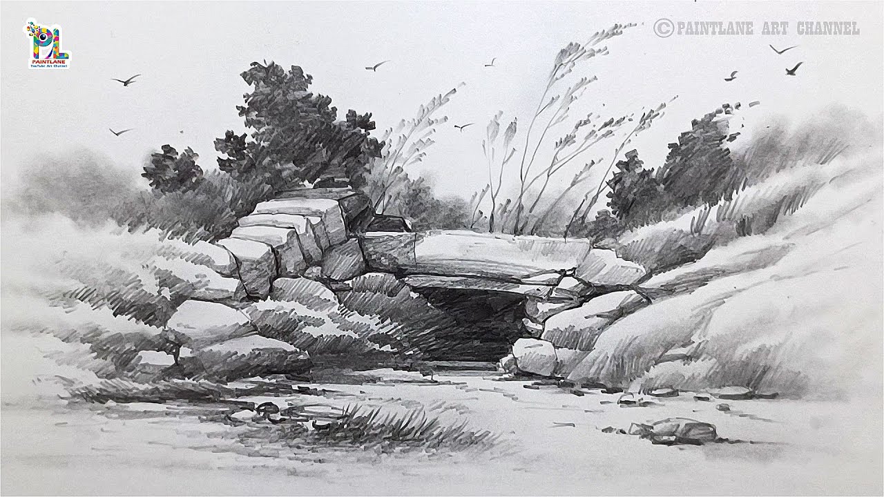 How to draw Stone Bridge Landscape Sketch | Black & White Landscape Drawing | Drawing with Pencil