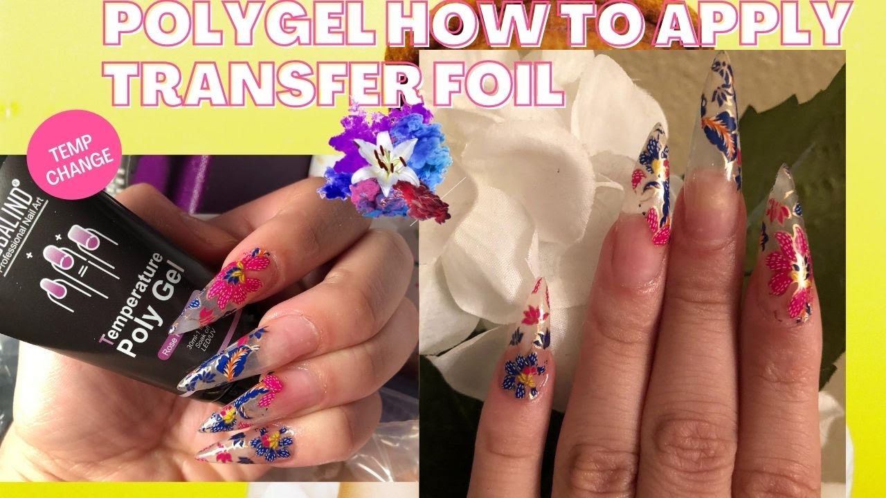 Rosiland temperature changing polygel |applying polygel with tips | how to apply nail transfer foil