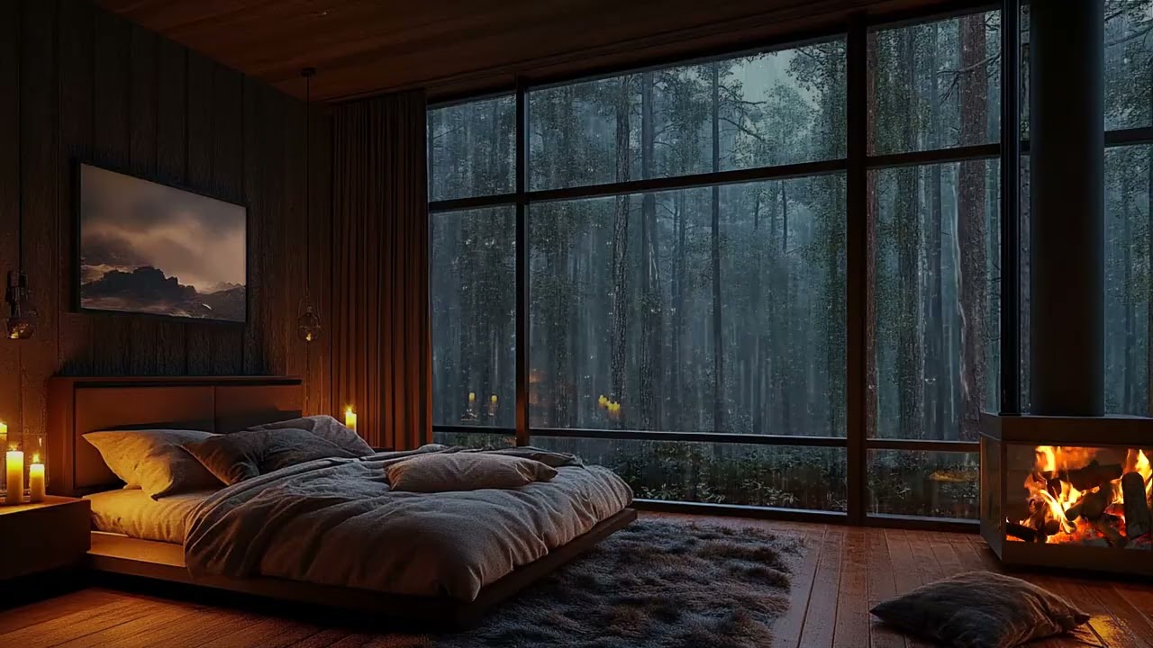 3 Hours of Heavy Rain & Loud Thunder on Window with Fireplace | Sounds for Deep Sleep and Relaxation