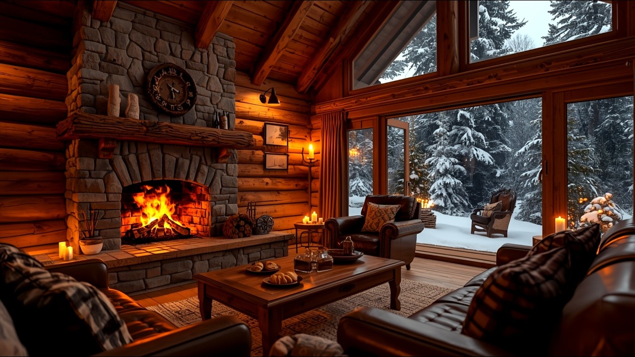 Snowstorm Cabin Fireplace 🎷 Smooth Jazz for Stress Relief