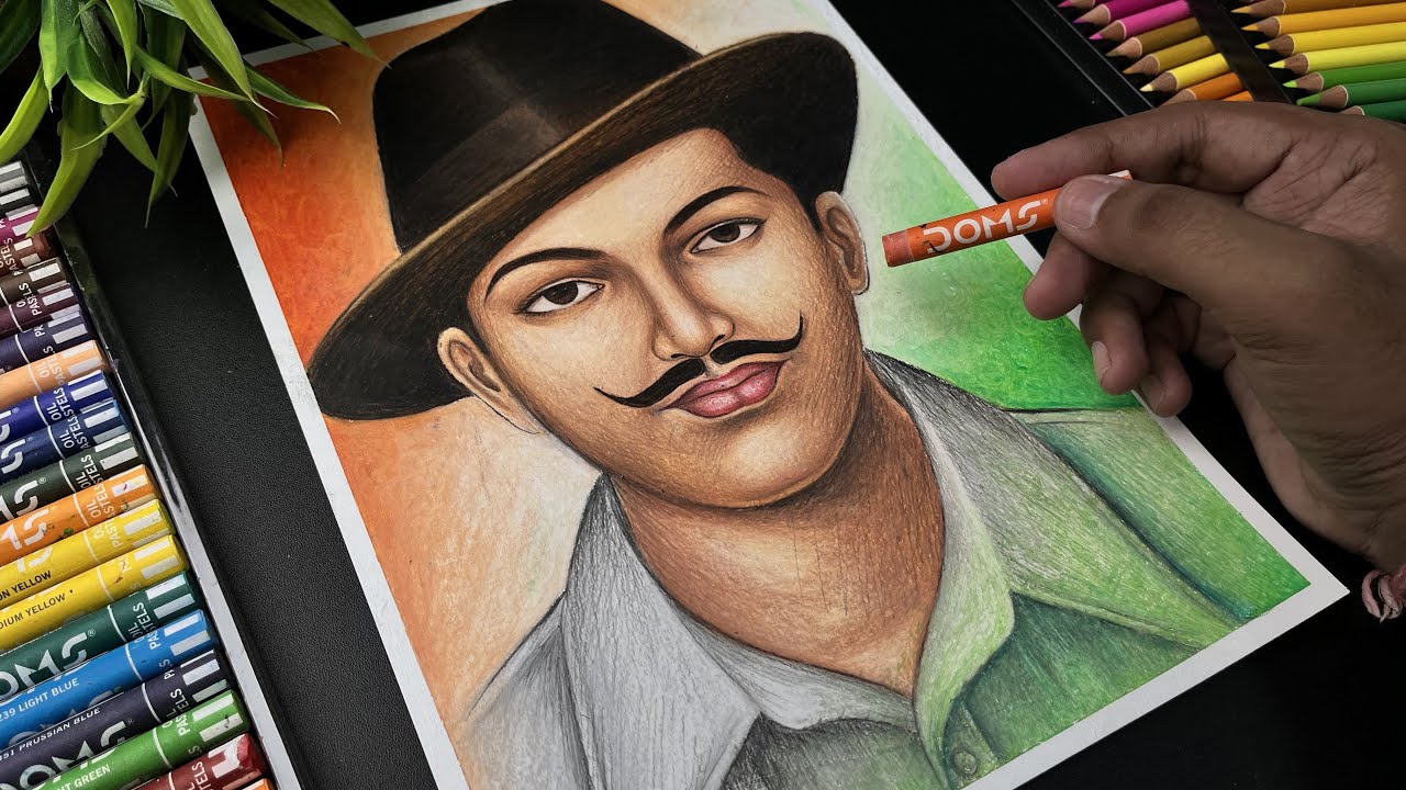 Bhagat Singh drawing, Oil pastel drawing, Independence day