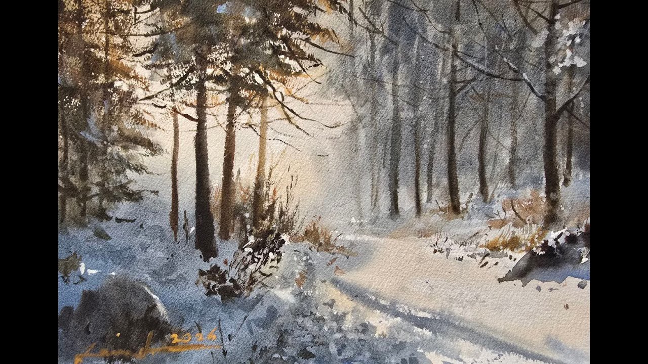 How to paint a snowy forest path in watercolor (step by step)