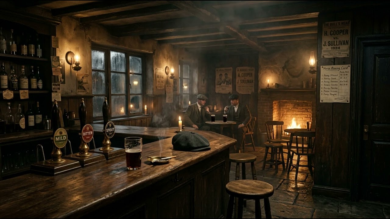 Peaky Blinders Pub Ambience | 1920s Birmingham Bar, Rain, Fireplace Crackling, Candlelight | 8 Hours