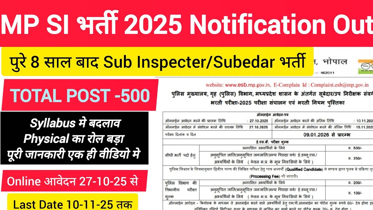 MPSI 2025 Notification Out। MP SI Vacancy2025। MP SI New Syllabus & Exam Pattern। 