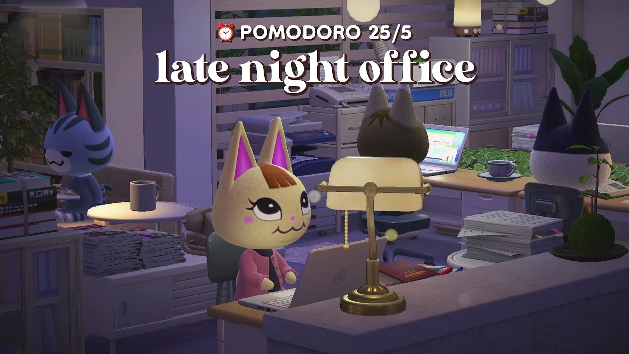 cat office night shift 🌙✨ pomodoro 25/5 ⏰ typing, page flips, writing, acnh asmr ambience 💭