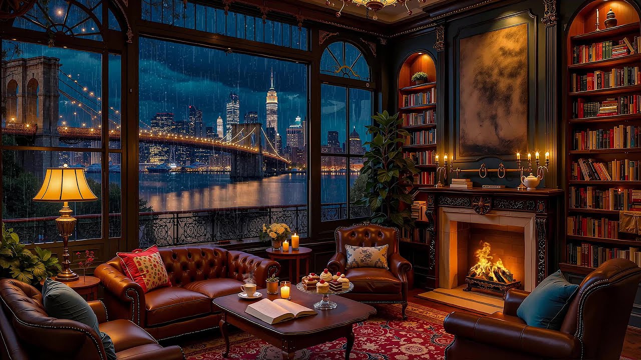Brooklyn Bridge Manhattan NYC Coffee Shop | Winter Rain Jazz Piano & Fireplace for Study, Focus