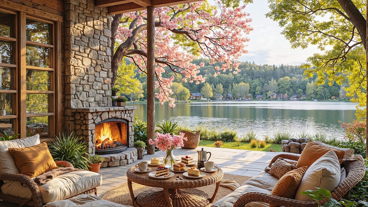 Cozy Spring Ambience 🌺 Relaxing Piano and Crackling Fireplace for Stress Relief
