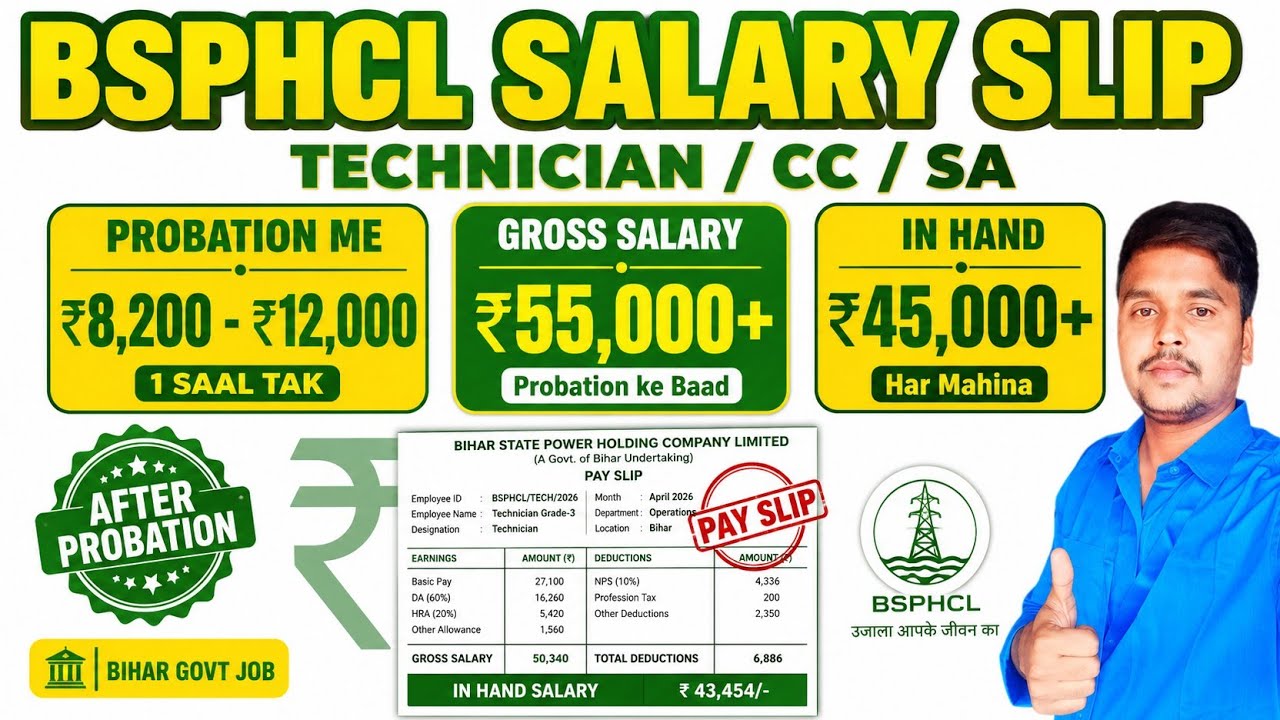 BSPHCL New technician Salary slip after probation,bsphcl me technician CC SA JAC ka salary kitna hai