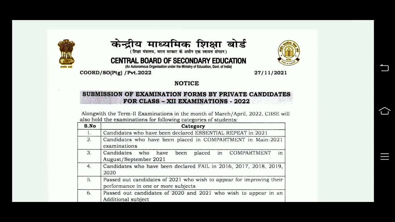 Submission of Examination Forms by Private Candidates for Class XII Examinations - 2022