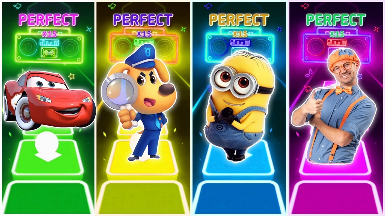 McQueen 🆚 Sheriff Labrador 🆚 Minions 🆚 Blippi in Tiles Hop EDM Rush🎶