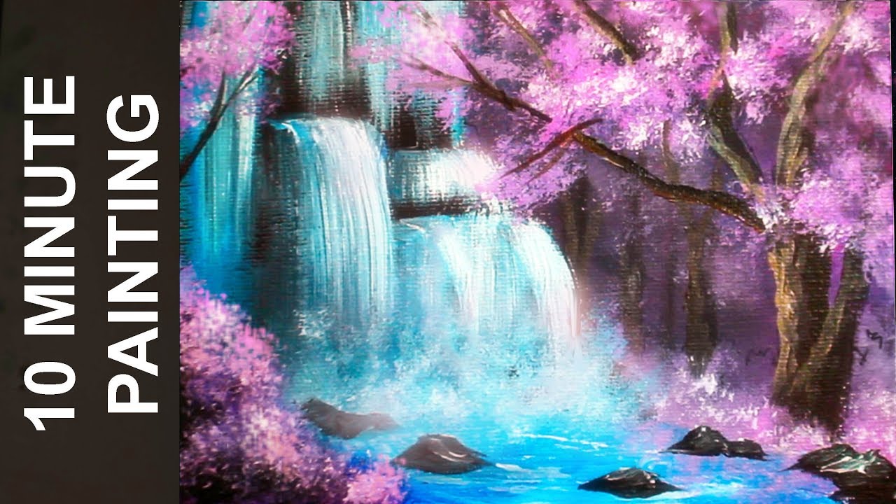 Painting A Waterfall in a Cherry Blossom Tree Forest with Acrylics in 10 Minutes!