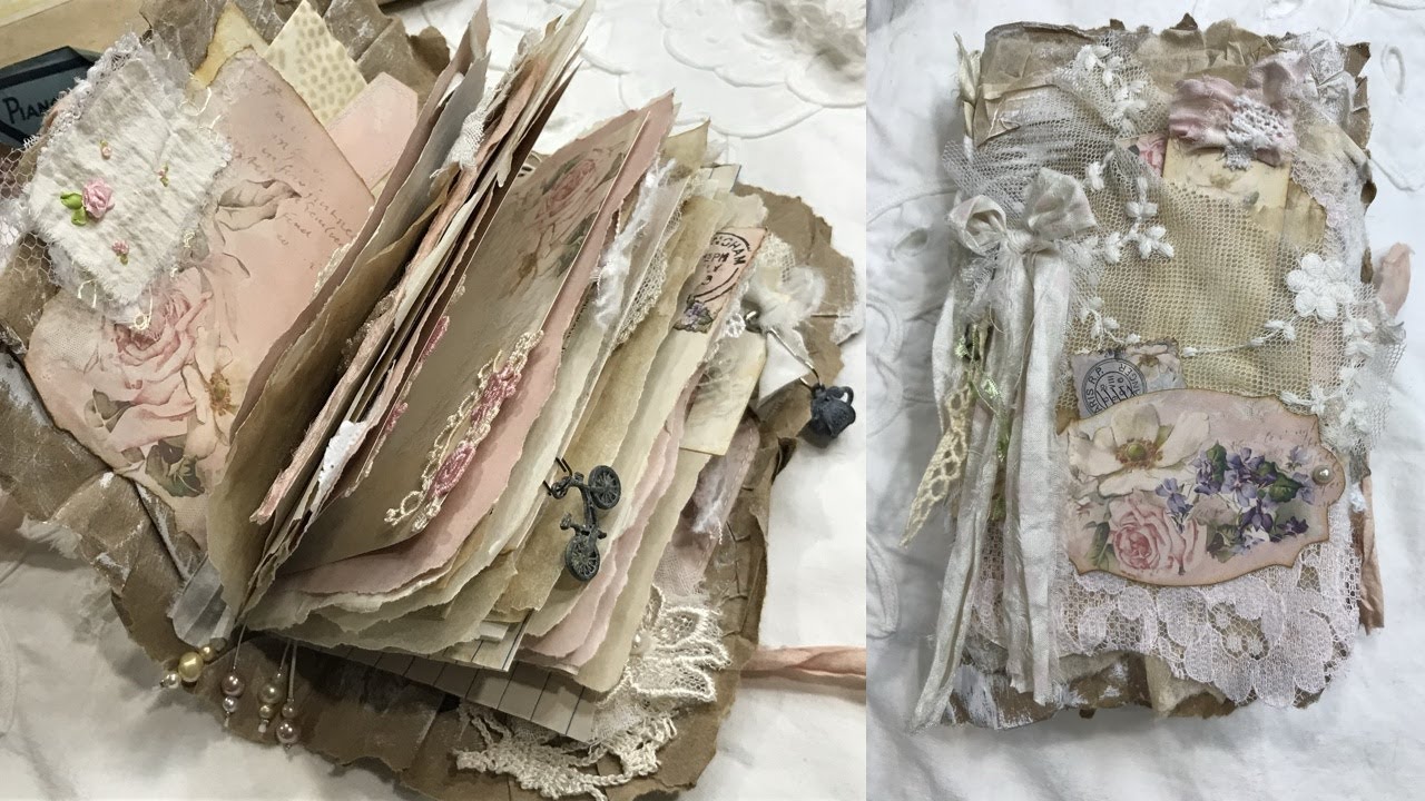 Flip through of a coffee filter, paper bag and corrugated cardboard junk journal, shabby chic style.