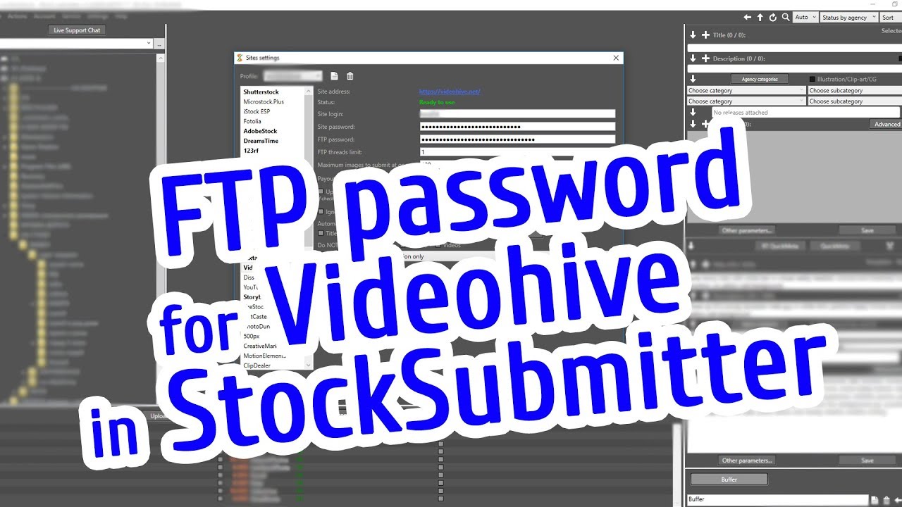 FTP password for Videohive in StockSubmitter and API key. Instruction