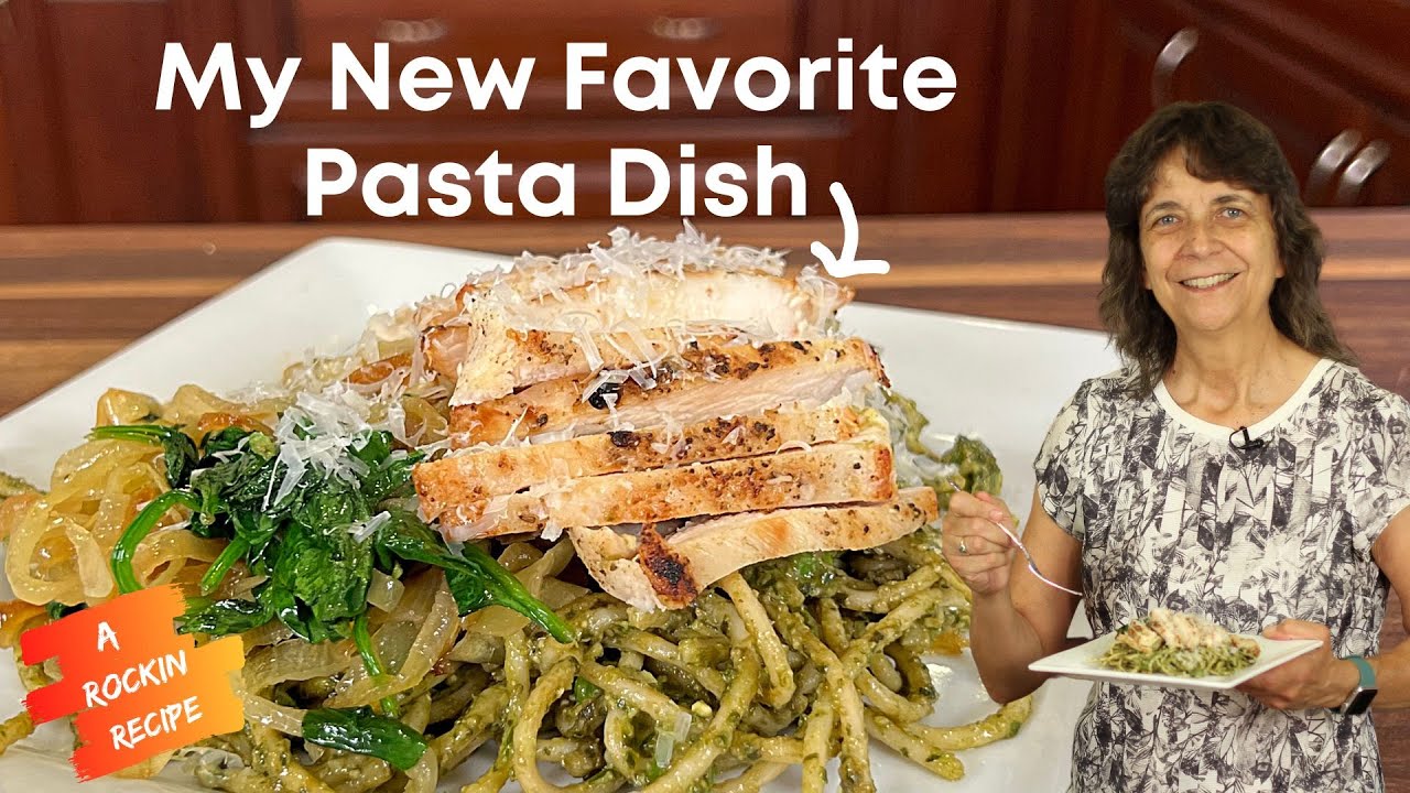 Creamy Pesto Pasta with Grilled Chicken & Caramelized Onion: The Best Ever!