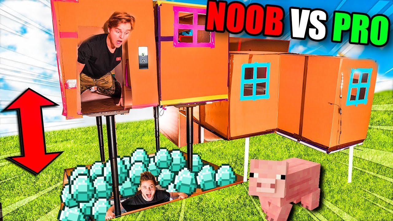 Minecraft IRL Noob Vs PRO Billionaire Box Fort 24 Hour Challenge!