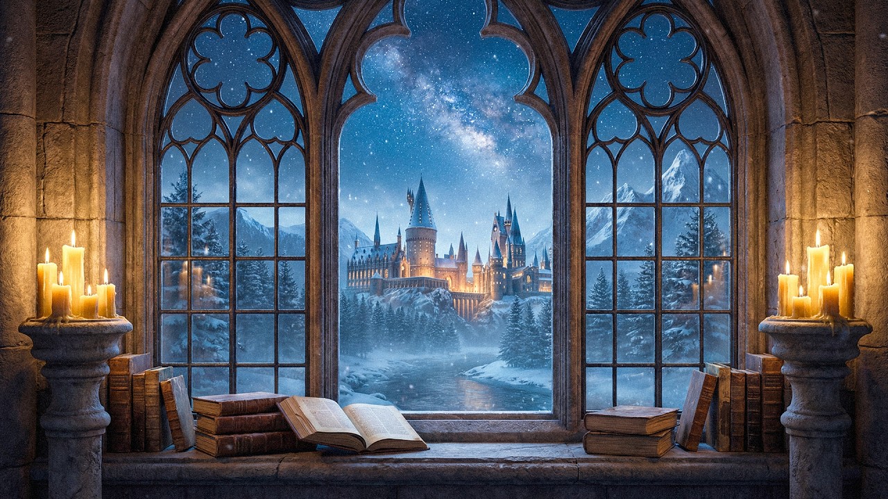 Gothic Castle Window at Night 🌌 | Winter Snowfall, Milky Way & Relaxing Study Ambience