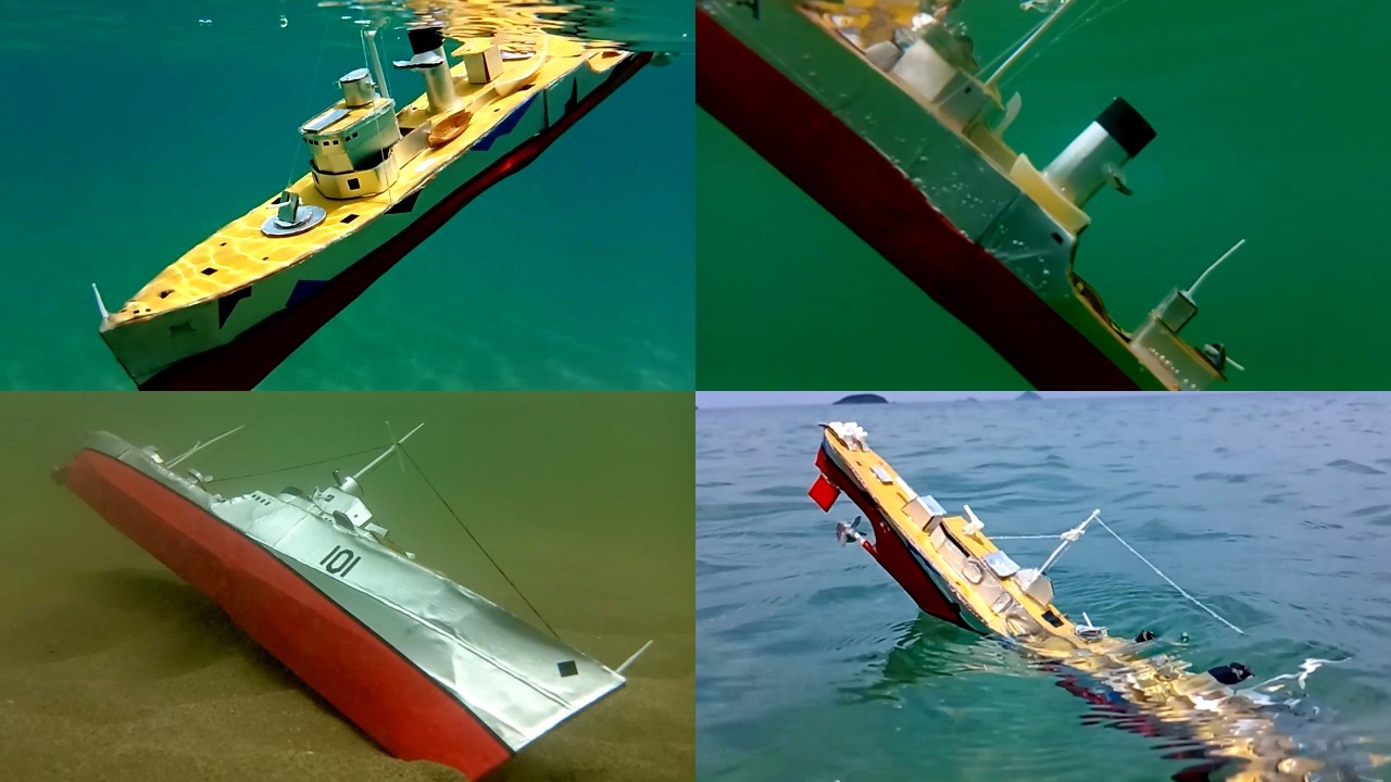 Cardboard ship sinking, WWII destroyer models sink after encounter with Uboat, battleship and mine