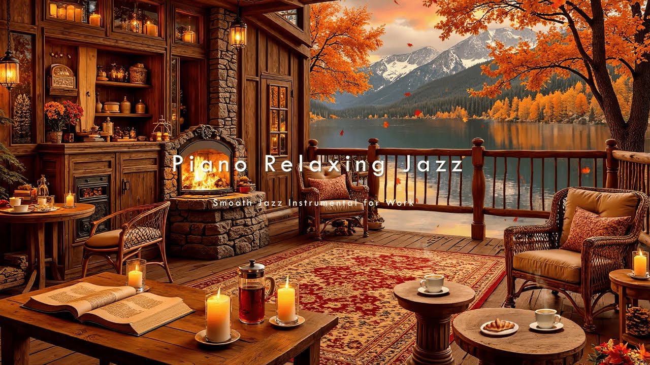 (NO ADS) Relaxing Jazz Music While Studying 🍂 Coffee Shop Space By The Lake, Cozy Fireplace