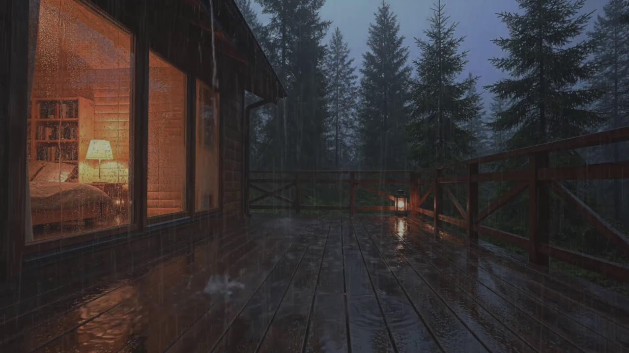 Natural rain at a forest cabin retreat, evening rain ambience promoting sleep balance over insomnia