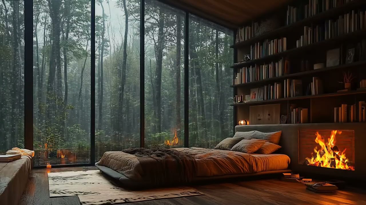 Cozy Forest Cabin Ambience | Heavy Rain Sounds and Fireplace for Relax and Sleep