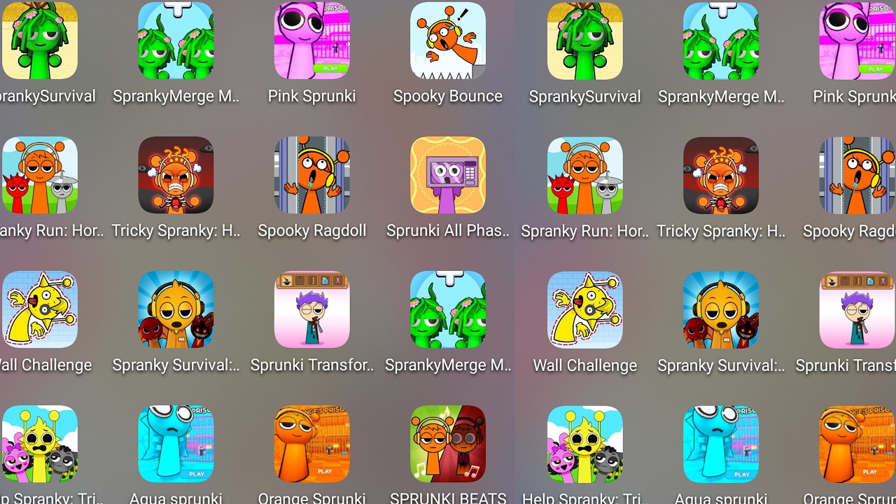 Roblox,Sprunki Survival,Big Head Maze,Spranky Run,Spooky Bounce,Wall Challenge,Spranky Role Puzzle..