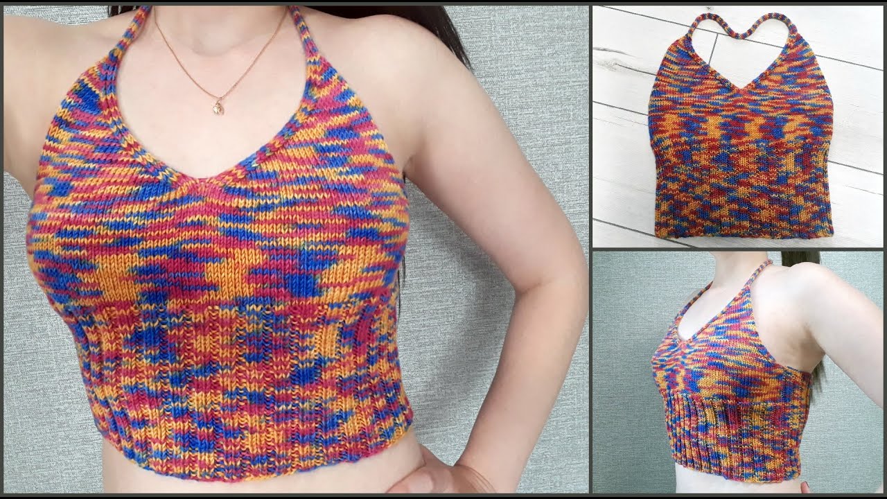 Летний короткий топ Neck Strap. Мастер-класс. Вязание спицами