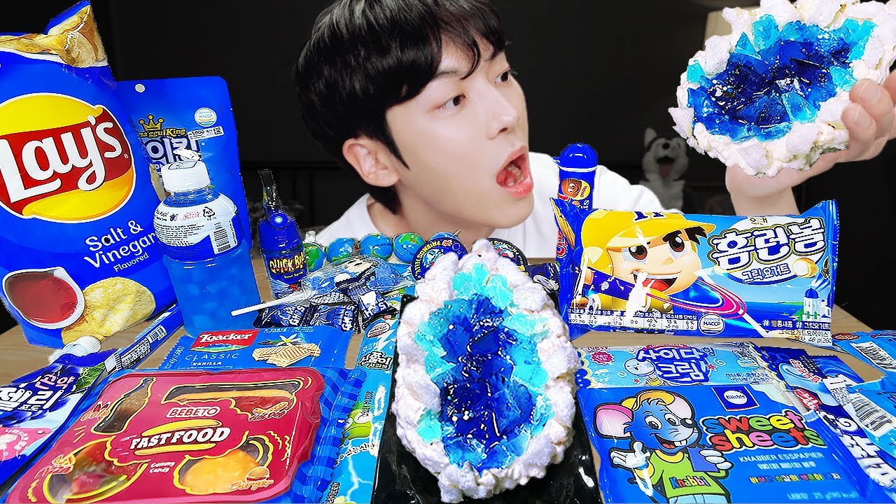 ASMR MUKBANG | Receta de dulces de gelatina de miel Galaxy, postres(comida azul, gelatina de fideos)