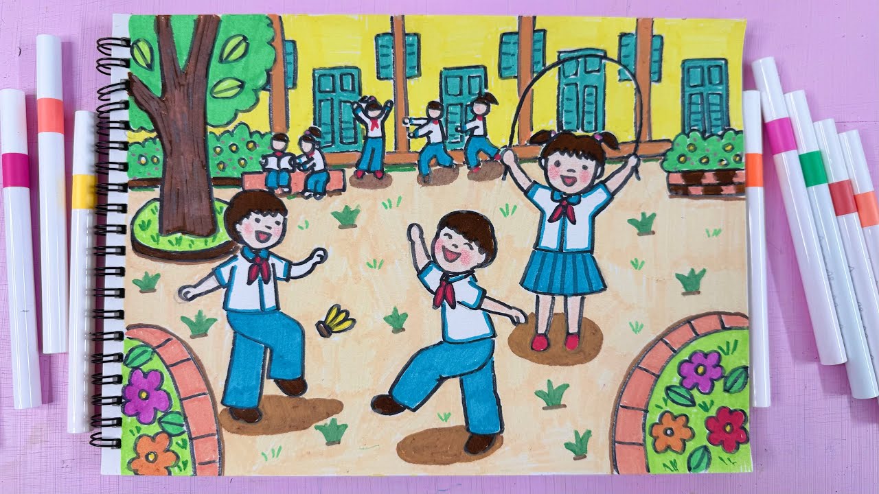 Vẽ tranh chủ đề trường em / vẽ quang cảnh sân trường giờ ra chơi #drawing #vetranh 
