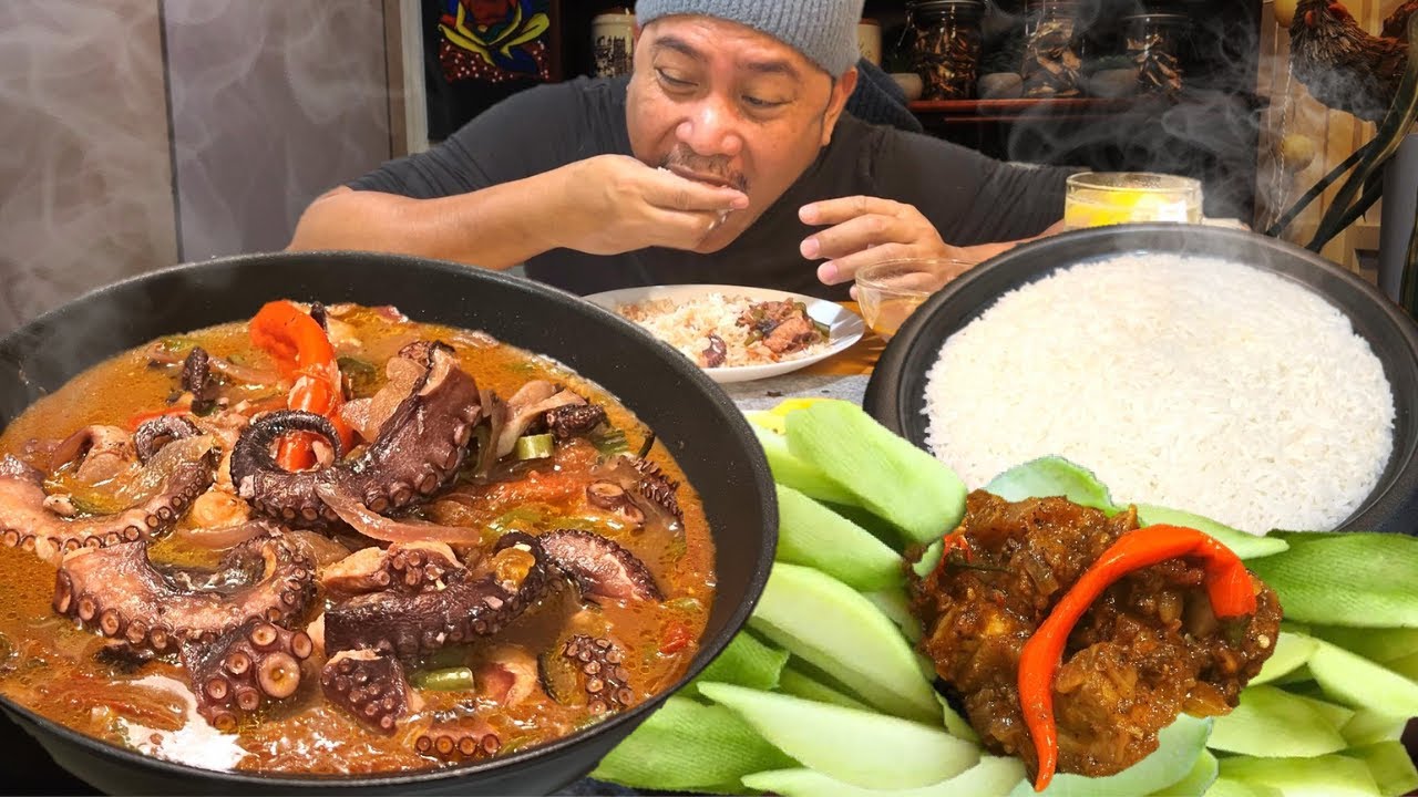 SPICY ADOBONG OCTOPUS!!! MANGGA AT BAGOONG!!! Filipino Food. Mukbang! Love The Philippines.