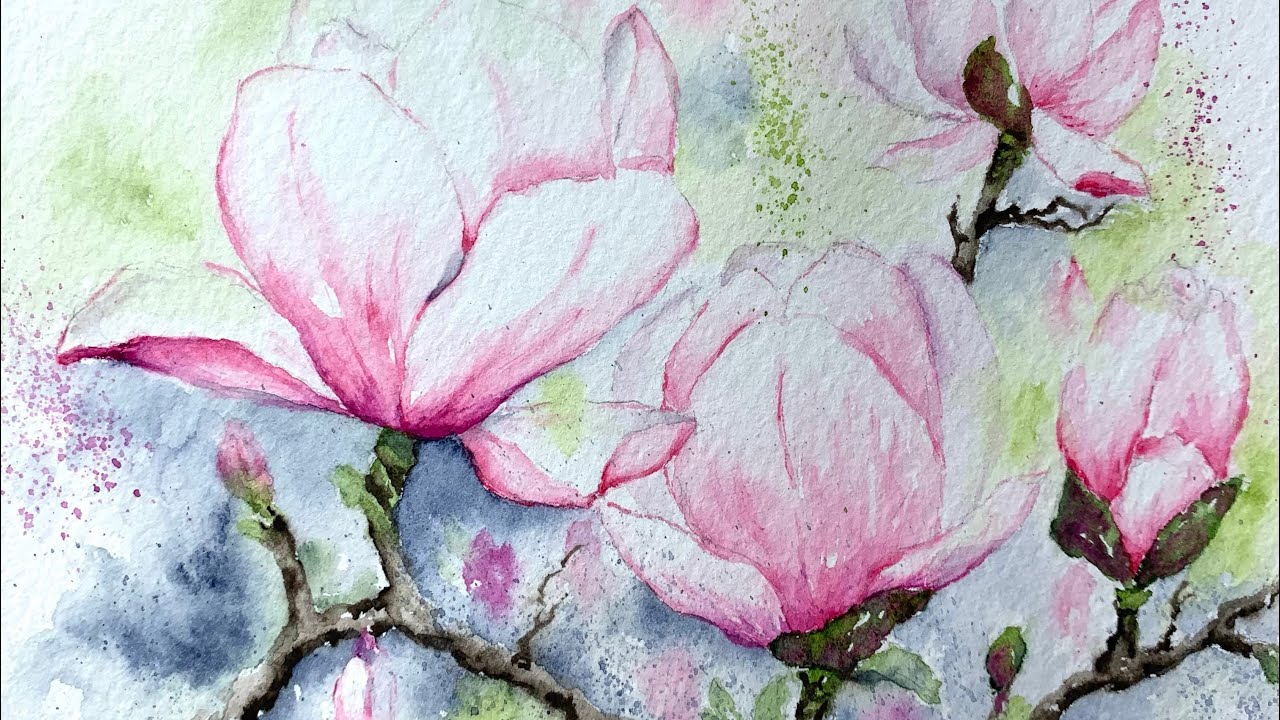 Watercolor magnolia paint along tutorial demo