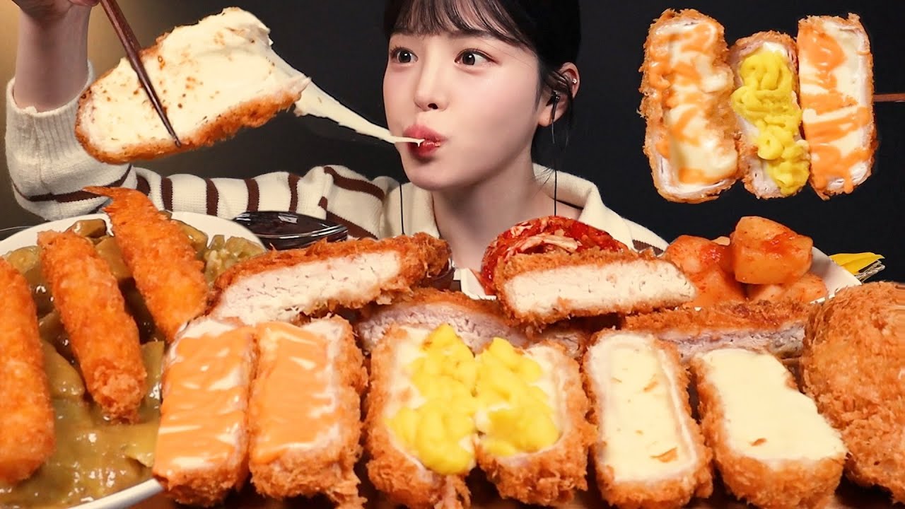 SUB)바삭두툼 돈까스 파티! 고구마 체다치즈 돈까스에 카레 새우토핑 추가해서 먹방 Cheese Pork Cutlet Curry Mukbang Asmr