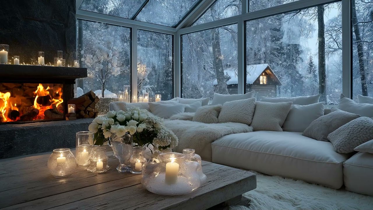 🌸❄️ Winter Piano in White Lounge | Flowers & Candlelight with Snowfall – 5 Hours Calm Study Relax