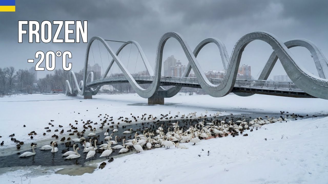 Real Winter Ambience in Kyiv: -4°F Walk | Swans, Ice Water, Snow Footsteps (ASMR) 4К