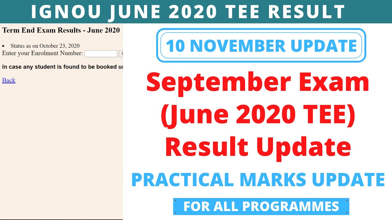 IGNOU 10 NOVEMBER | September Exam (June 2020 TEE) Result Update | Practical Marks Update