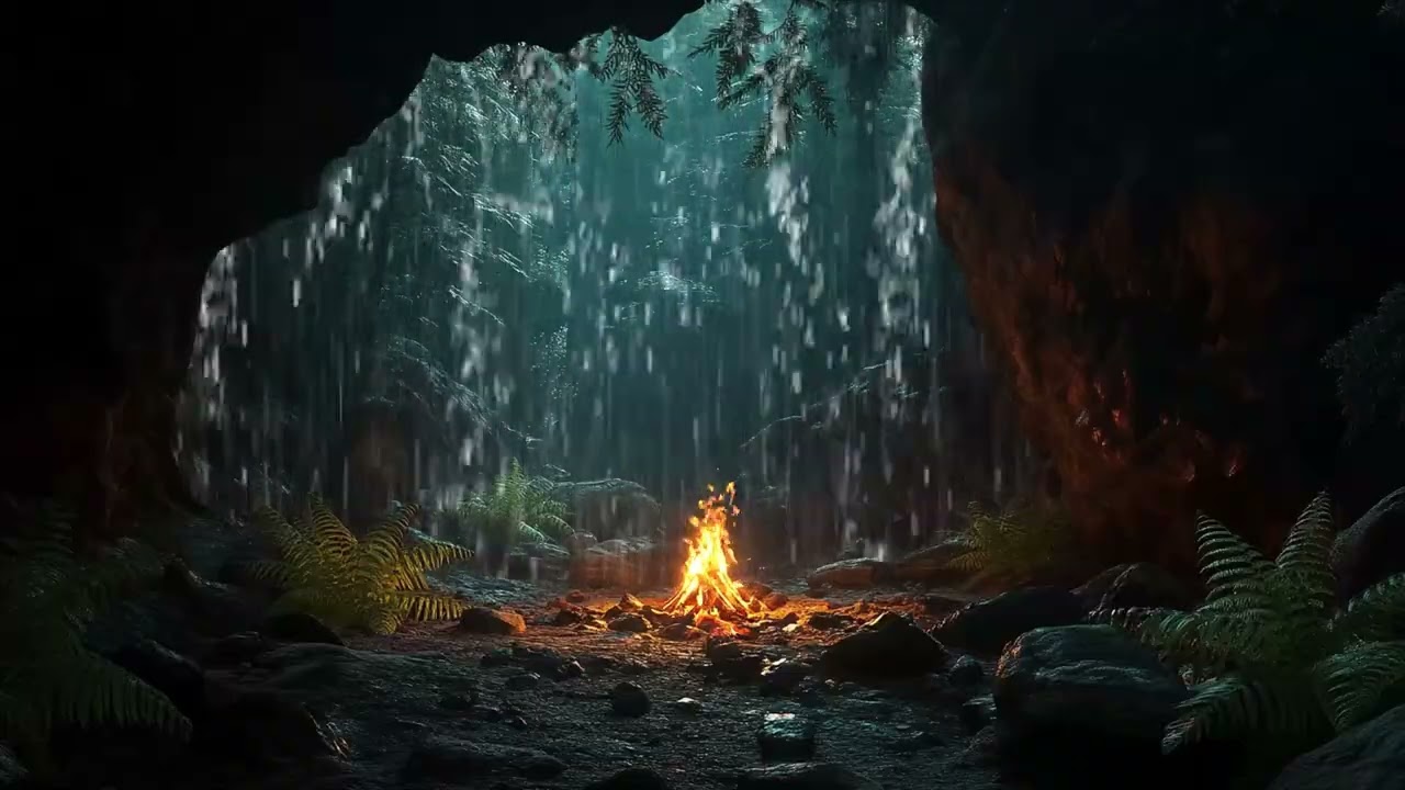 Heavy Rain Sounds in a Forest Cave with Soft Fire Sounds for Sleep Study and Relax