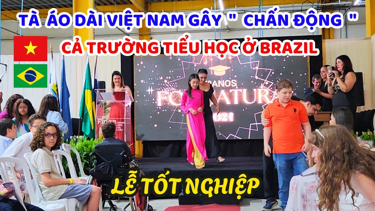 Cả trường tiểu học Brazil trầm trồ nhìn ngắm Angelina diện áo dài Việt Nam trong ngày tốt nghiệp
