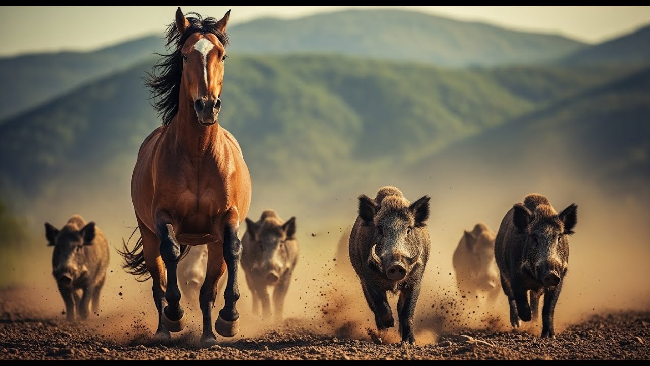 Wild Horse Chased by Wild Boars – Intense Survival (4K)