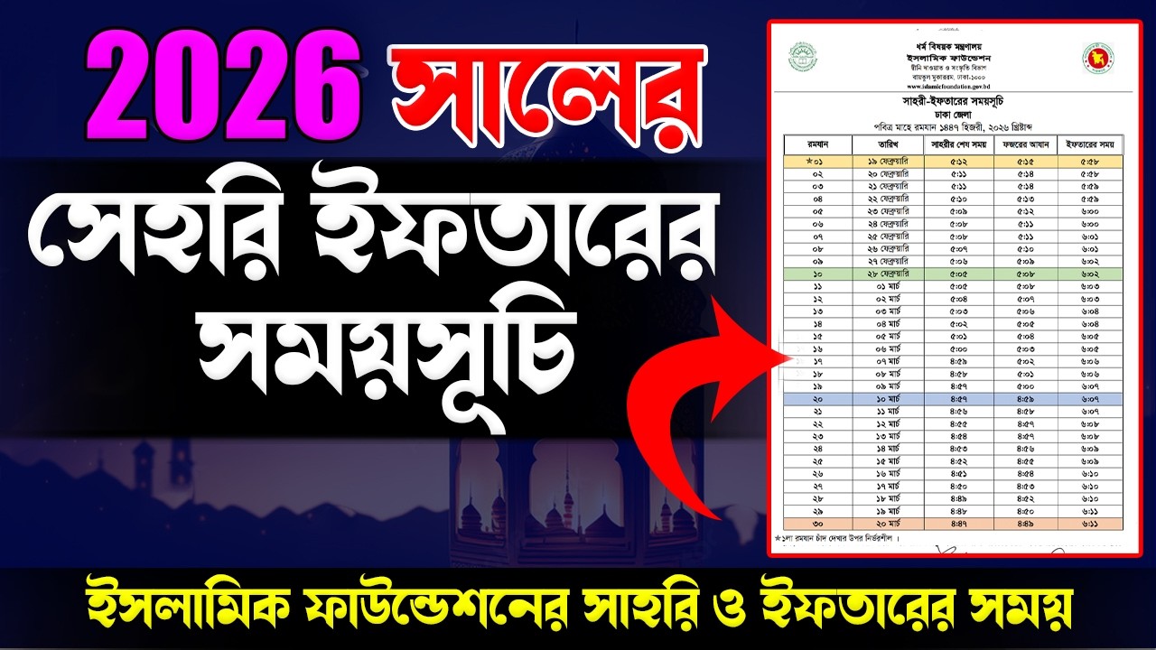 sehri iftar time 2026 Bangla || সেহরি ও ইফতারের সময়সূচি 2026 বাংলা