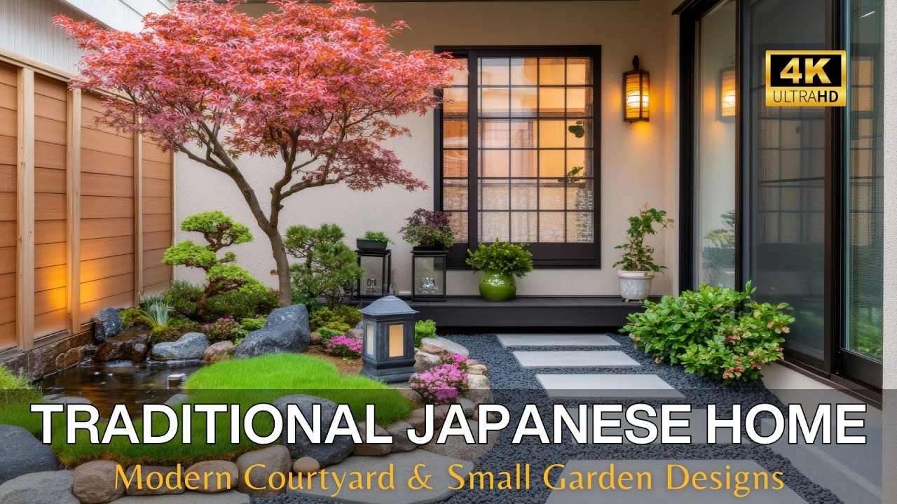 Traditional Japanese House Building Ideas with Modern Courtyard & Small Garden Designs